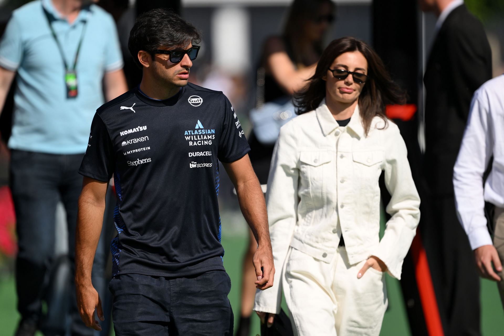Carlos Sainz of Spain and Williams and Rebecca Donaldson arrive in the Paddock prior to final practice ahead of the F1 Grand Prix of Spain at Circuit de Barcelona-Catalunya on May 31, 2025 - Source: Getty